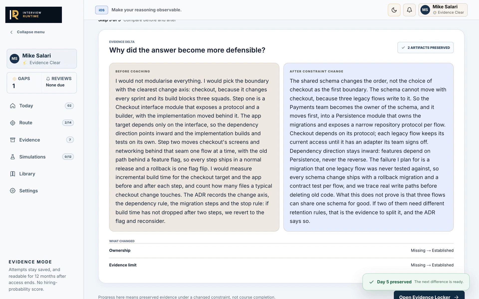A real mission in Interview Runtime: the first answer beside the answer after the constraint changed, with ownership and evidence limit moving from missing to established